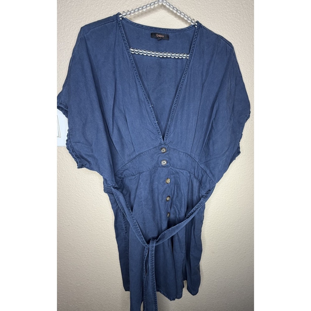 Quince Vintage Wash Tencel Button Front Dress L Blue Tie Waist Boho Coastal